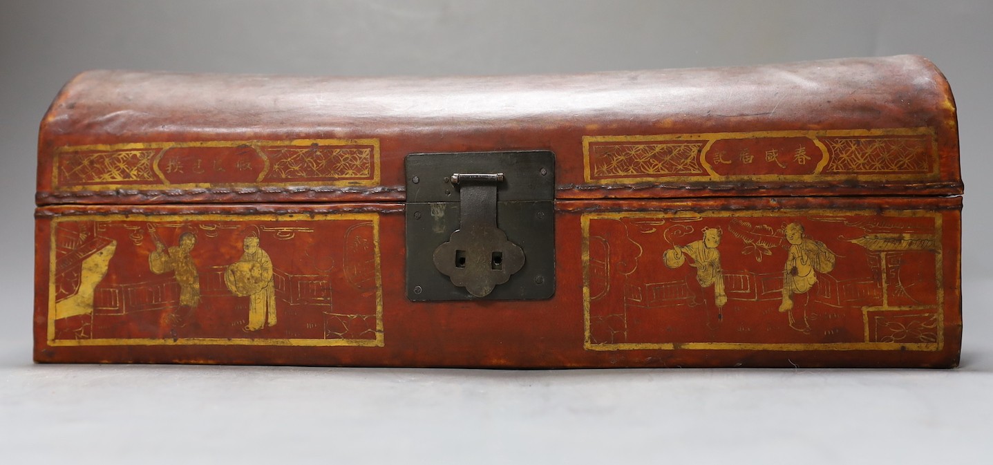 A Chinese leather clad box and Victorian burr walnut and ormolu mount jewellery box (2), Chinese box, 37cms wide.